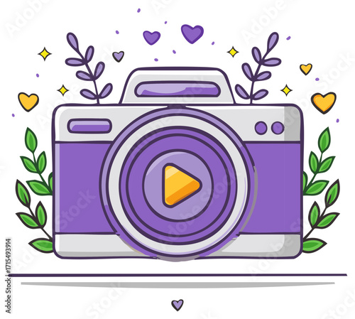 Purple camera with play button and decorative hearts and leaves