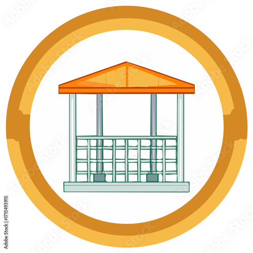 Simple Gazebo Cartoon Illustration Inside an Orange Circle Frame, Outdoor Pavilion Structure Icon