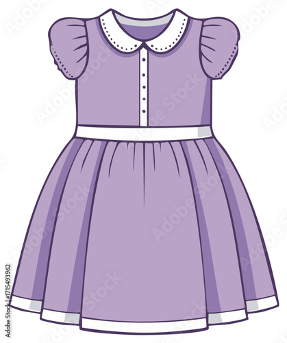 Childrens purple dress with white collar and sash illustration