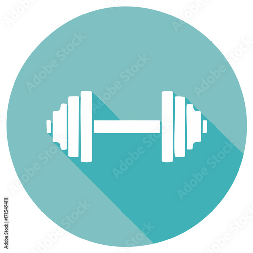 Dumbbell weightlifting icon in flat design style with a long shadow on a circle