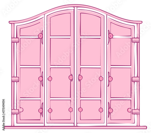 Hand-drawn illustration of a charming pink wardrobe or cabinet with rounded top and multiple doors for storage