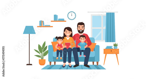A happy family of four, including parents and two young children, sitting together on a sofa in a cozy living room.