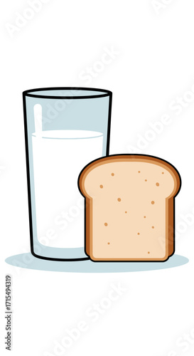 A tall glass of milk stands next to a slice of toasted bread on a white background.