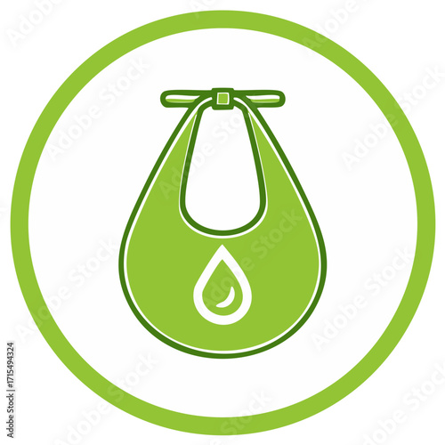 Green waterproof dry bag icon with water drop symbol inside circular frame for travel and outdoor activities