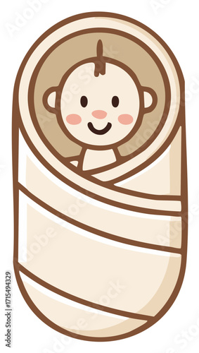 Adorable baby bundled in a cozy swaddle with a happy smile and rosy cheeks