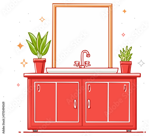 Cartoon Bathroom Vanity with Mirror, Sink, and Potted Plants Illustration