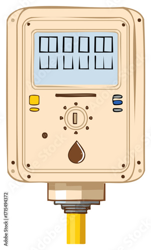 Water Meter Illustration with Display Numbers and Drop Design Element