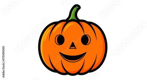 A cheerful cartoon jack-o'-lantern pumpkin with a smiling face and green stem, isolated on a white background.