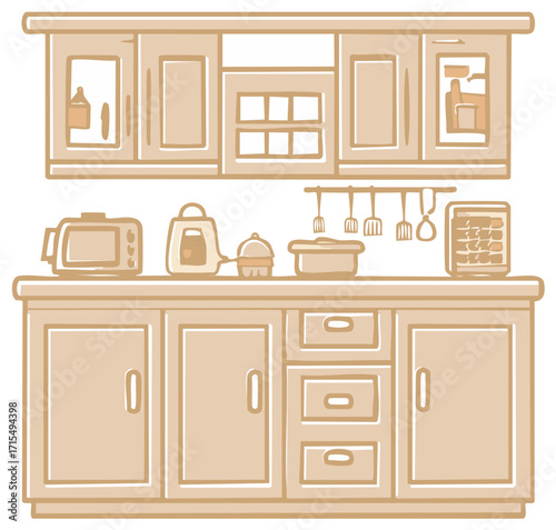 Kitchen Furniture Cartoon with Appliances and Utensils in Simple Line Art Style