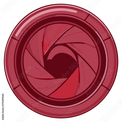 Camera lens aperture with adjustable diaphragm, photography circle icon in a red and maroon palette