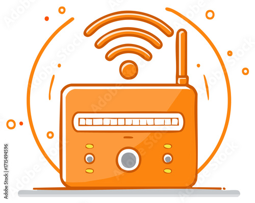 Orange WiFi Router with Antenna Broadcasting Signal Icon in Doodle Style Vector