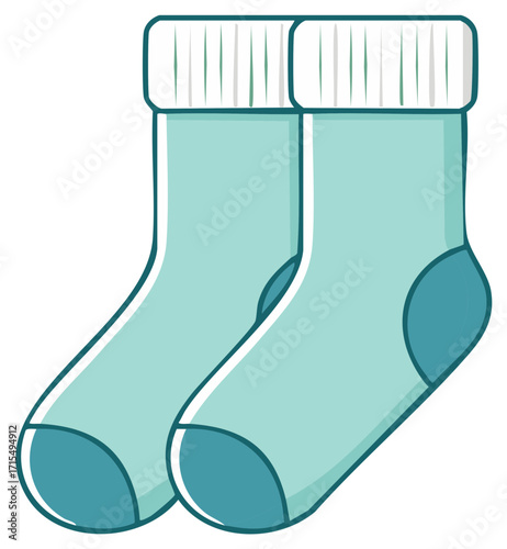 Pair of cartoonish light blue socks with darker blue toe and heel detail and ribbed cuff