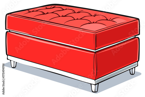 Stylish red tufted ottoman bench with chrome details cartoon illustration