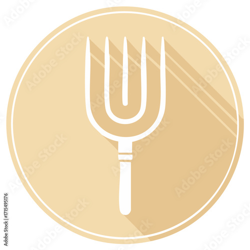 Stylized white pitchfork icon with long shadow on a peach circle background