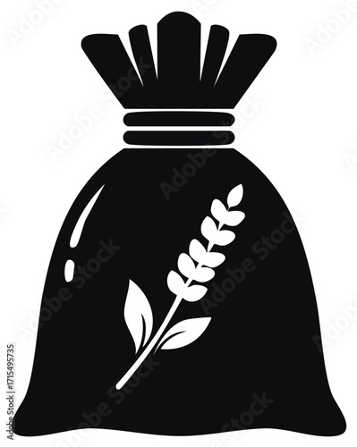 Simple black icon of a bag of grain or flour with a wheat stalk symbol