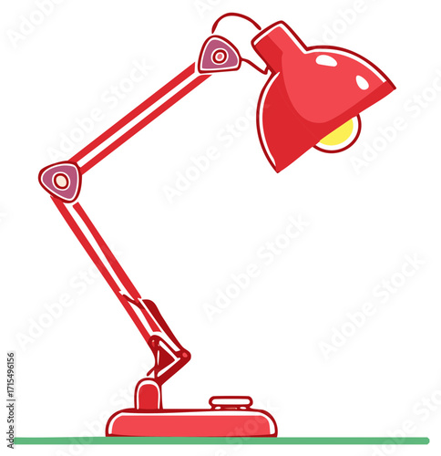 Stylized red desk lamp cartoon illustration of adjustable study light with bulb