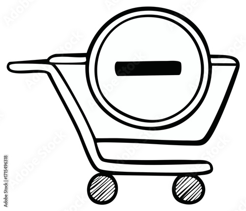 Hand Drawn Shopping Cart Icon with Minus Symbol for Removing Items or Decreasing Quantity