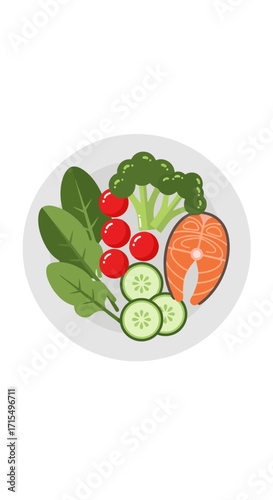 A healthy meal featuring a salmon steak with fresh vegetables including spinach, cherry tomatoes, broccoli, and cucumber slices on a white plate.