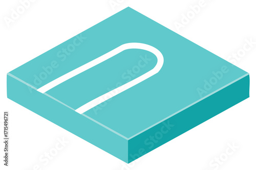 Isometric turquoise platform block with white U-shape line graphic element isolated, minimalist geometry