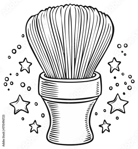 Barber shaving brush illustration with stars and bubbles, outline style