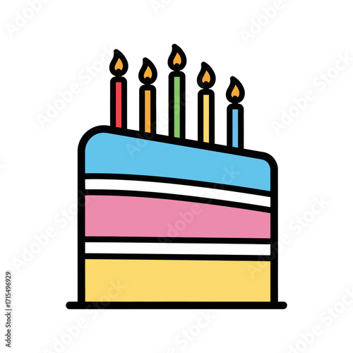 A colorful cartoon slice of a multi-layered birthday cake with five lit candles on top.