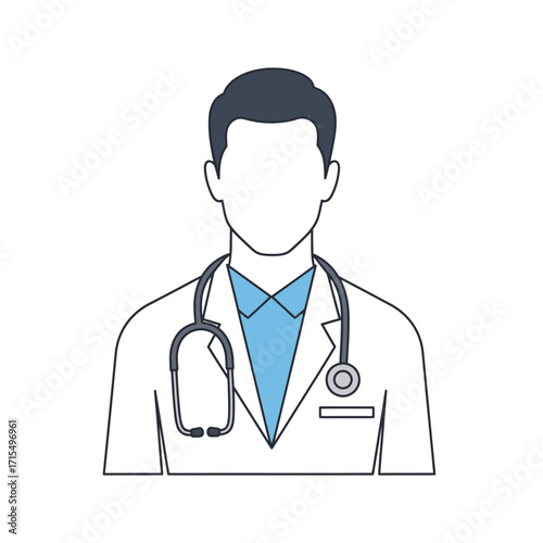 Minimalist line art illustration of a doctor wearing a white lab coat and stethoscope, representing a medical professional.