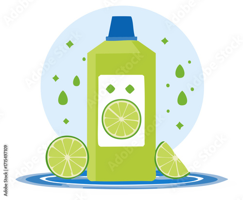 Bottle of Lime Detergent With Sliced Lime Over Water Surface Illustration