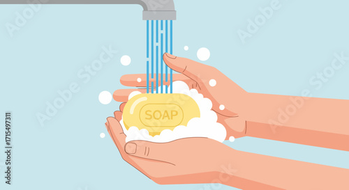 A close-up illustration of hands holding a bar of yellow soap under running water from a silver faucet, creating white suds, emphasizing hygiene.