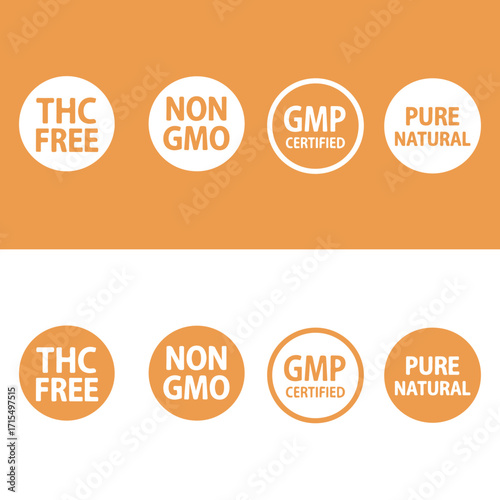 Product labels showcasing thc free non gmo gmp certified and pure natural Vector
