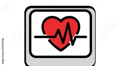 A digital monitor displays a red heart symbol with a black electrocardiogram line across it, representing health and vital signs.