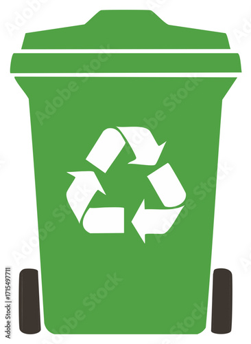 Green wheelie bin with recycle symbol for waste management and environmental conservation