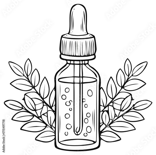 Hand drawn illustration of a glass dropper bottle with liquid and plant leaves in outline style