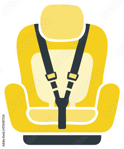 Modern bright yellow car safety seat with adjustable black straps for child transport protection in vehicle icon