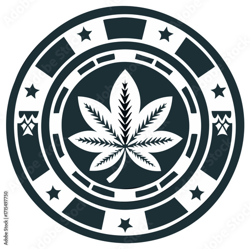 Stylized Cannabis Leaf Emblem with Stars in Circular Chip Design
