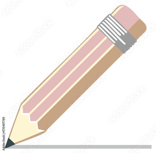 Sharpened wooden pencil with pink stripes and eraser drawing a straight line on white