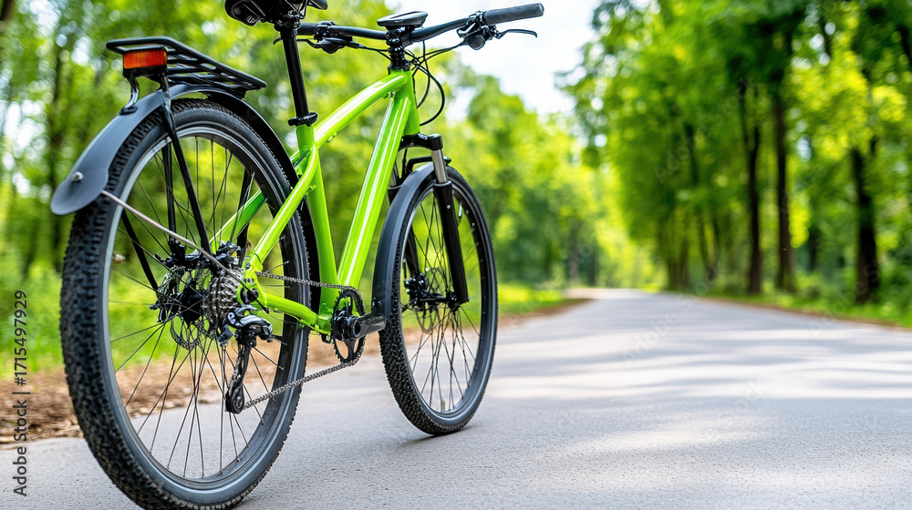 Fototapeta premium Bright green bicycle on scenic path surrounded by lush trees, perfect for eco friendly rides