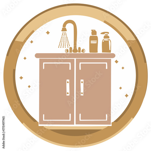 Stylized illustration of a bathroom sink vanity with faucet and bottles inside a decorative circular frame