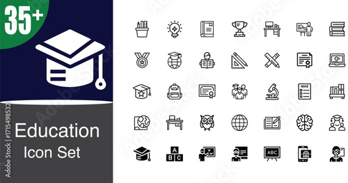Comprehensive education icon set for learning and knowledge development projects