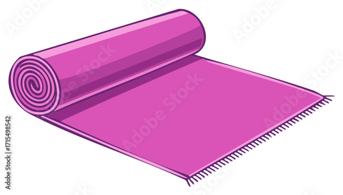 Pink rolled mat partially unrolled with fringe, versatile textile for yoga, fitness, or beach relaxation, isolated cartoon illustration