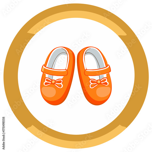Cartoon illustration of cute orange baby girl shoes with bows in a circular frame