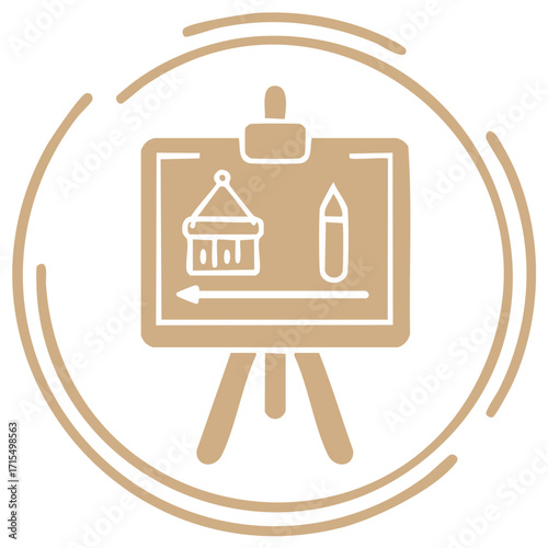Easel board with house and pencil icon depicting creative design and artistic planning process