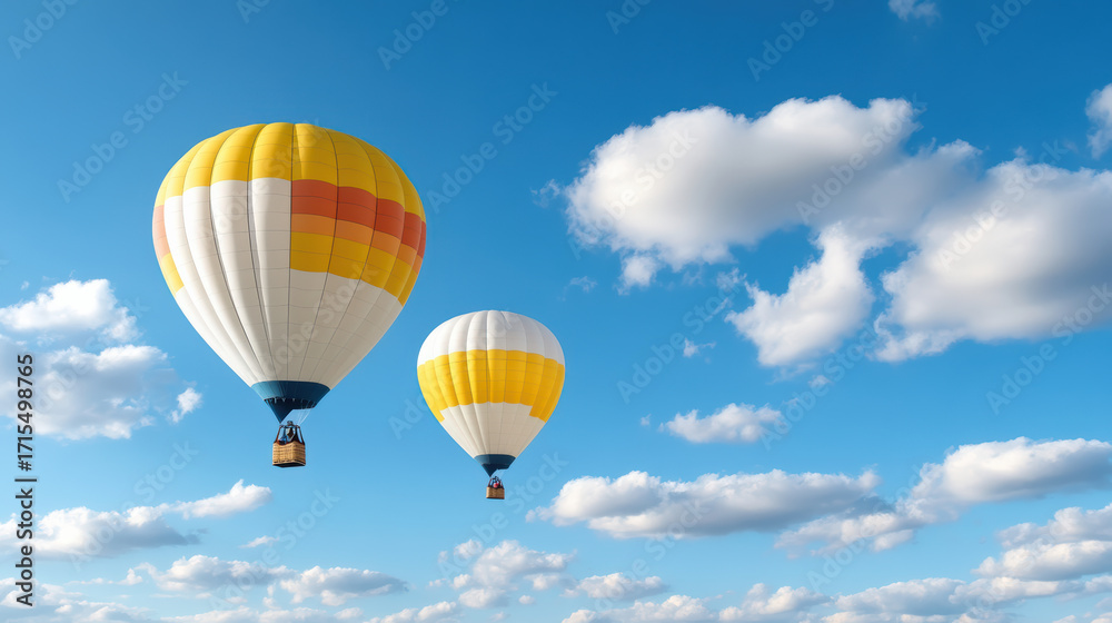 Fototapeta premium Colorful hot air balloons floating in clear blue sky with fluffy clouds create joyful scene