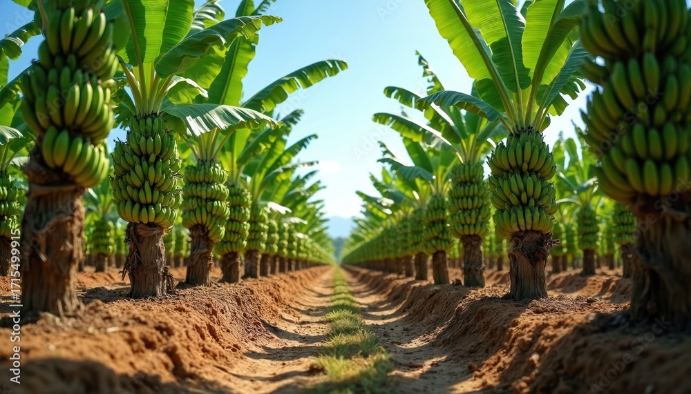 Obraz premium Lush banana plantation with rows of trees bearing large green bunches. Tropical landscape under clear sky. Agriculture, nature, crop cultivation, fruit production. Healthy food sourcing.