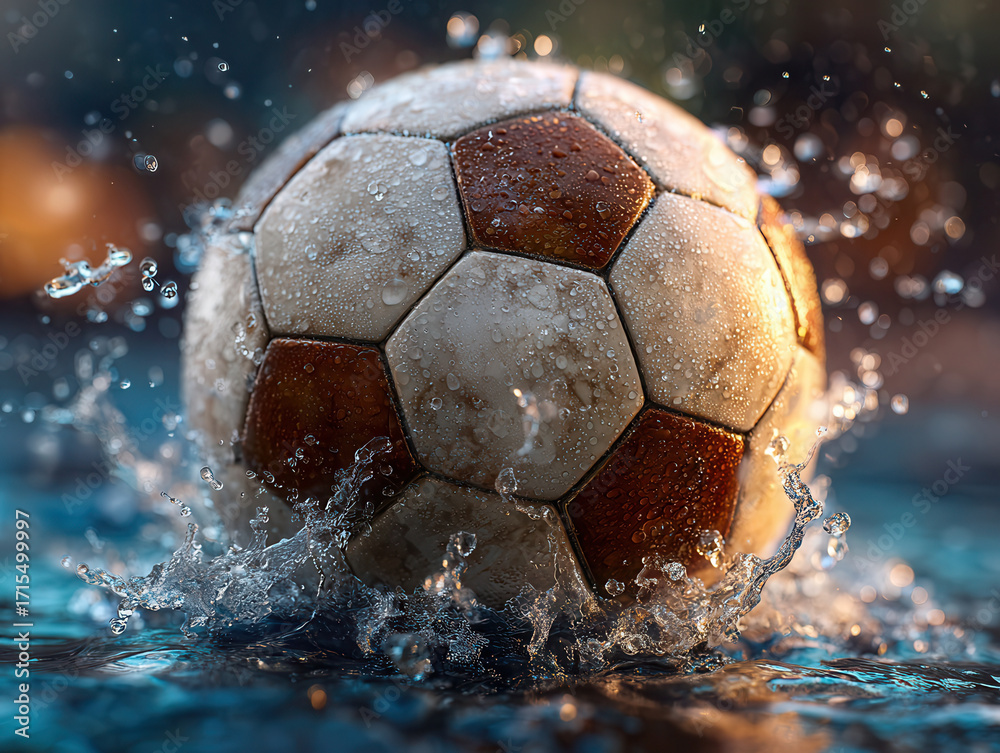 Fototapeta premium Dynamic soccer ball splashing in water, symbolizing action, sportsmanship, and energetic competition