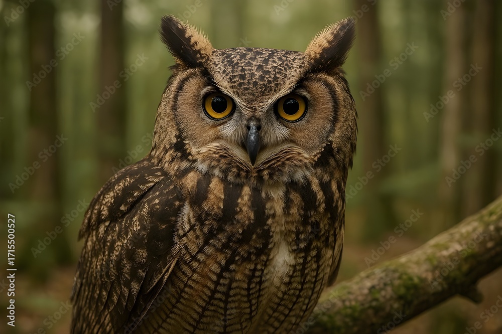 Obraz premium Stunning owl portrait with intense gaze amidst a lush forest scene