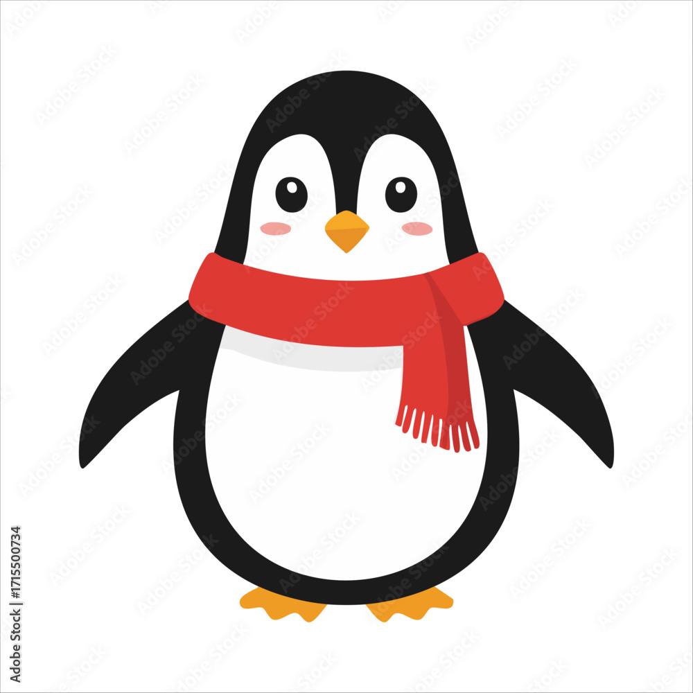 Fototapeta premium Cute cartoon penguin with red scarf vector for Christmas and winter holiday design