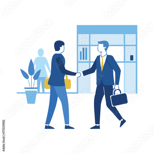 Business professionals shaking hands in modern office lobby welcoming partnership agreement success
