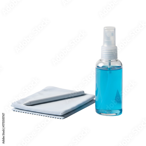 Cleaning kit with microfiber cloth and spray bottle isolated PNG with Transparent Background
