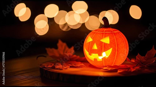 Glowing Jack O Lantern Pumpkin Carving with Flickering Lights in Dark Halloween Scene