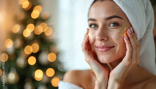 Festive winter skincare routine for glowing, hydrated skin. Woman enjoys pampering with facial treatment. Natural nourishment, rejuvenation, relaxation with essential ingredients for youthfulness,